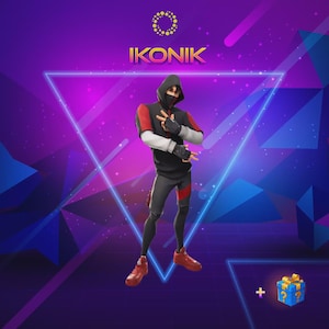 Op de afbeelding: Een digitale illustratie van een personage in een zwart en rood gehoodie outfit, met een masker dat het onderste deel van het gezicht bedekt. Het personage staat in een dynamische pose tegen een paarse en blauwe geometrische achtergrond. Het woord "IKONIK" staat bovenaan.