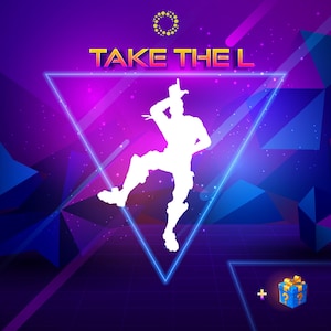 Può includere: Grafica digitale con sfondo viola e blu. Il testo "TAKE THE L" è giallo. Una silhouette bianca di una persona è in posa da ballo all'interno di un triangolo blu. Un pacco regalo è nell'angolo in basso a destra.