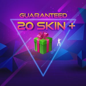 May include: A vibrant graphic with the text "GUARANTEED 20 SKIN +" inside a blue triangle. A green gift box with a pink bow is centered, and a white silhouette of a person is on the right. The background is a mix of purple, blue, and pink.