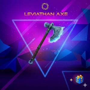 May include: A digital illustration of the Leviathan Axe, a fantasy weapon with a blue glowing blade and intricate carvings. The axe has a brown handle and is set against a purple and blue geometric background with the text "LEVIATHAN AXE".