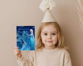 May include: A young girl wearing a party hat holds a blue invitation featuring Elsa from Frozen. The invitation reads "Princess Ella 5th Anniversary" with event details. The background is a neutral beige.