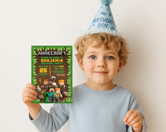 Editable Gamer Birthday Invitation, Pixel Block Party Digital Template, Kids Gaming Theme Invitation, Editable Design, Boy Birthday Card