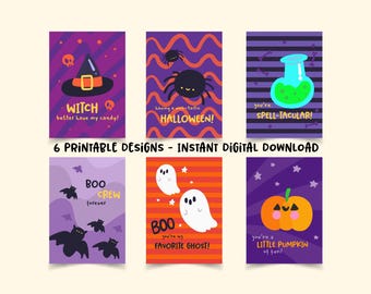 Halloween Cards for Kids | Cute & Funny Halloween Printable Bundle | Ghost, Bat, Witch, Pumpkin | Instant Digital Download