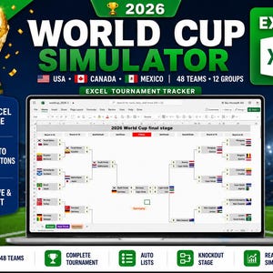 Puede incluir: Un simulador digital de la Copa Mundial 2026 en una pantalla de portátil, con un rastreador de torneo en Excel que muestra un cuadro para 48 equipos y 12 grupos. La interfaz incluye botones para acceso a archivos Excel y funciones de edición.