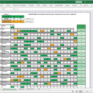 Puede incluir: Una hoja de cálculo con una tabla codificada por colores para un álbum de la Copa del Mundo de 2026. La tabla incluye nombres de países y números de pegatinas, con celdas verdes, naranjas y grises que indican pegatinas recolectadas, faltantes y duplicadas.