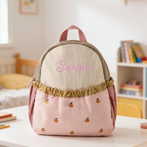 Puede incluir: Mochila rosa y beige para niños, bordada con el nombre "Sophia" en escritura rosa. La parte inferior presenta un estampado de pequeñas frutas naranjas. Tiene un asa superior y un cierre de cremallera.