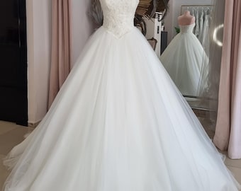 Vestido de novia con corsé de encaje marfil sin tirantes, falda de tul, talla personalizada
