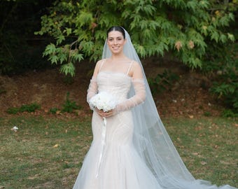 Vestido de novia de sirena con encaje de cuentas / Vestido de tul con hombros descubiertos / Hecho a mano en Estambul