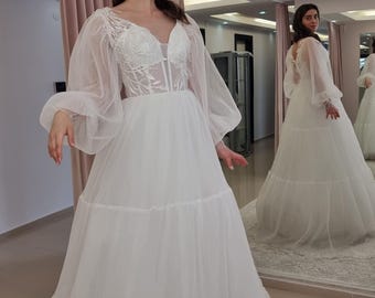 Vestido de novia convertible de satén, sobrefalda desmontable, vestido de novia de manga larga, vestido de novia moderno.