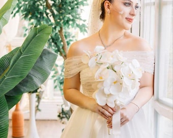 Vestido de novia sin tirantes con drapeado de perlas / Corpiño de corsé, falda de organza en forma de A / Vestido de novia de alta costura