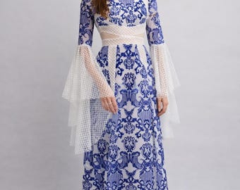 Vestido de organza azul y blanco bordado, vestido de alta costura de manga larga para ocasiones especiales.
