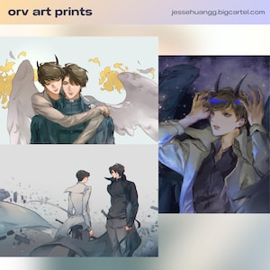 May include: Art prints showcasing anime-style illustrations of male figures with angel wings and horns. The artwork includes figures embracing, and posing in a dark, celestial setting. The text "orv art prints" is at the top left.