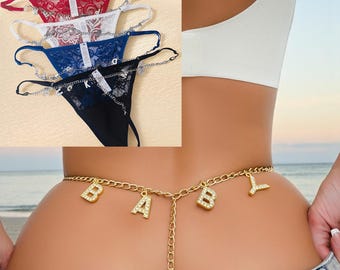 Personalized Custom Letters Lace Thong, Custom Crystal Letter Name Lingerie, Adjustable G Sting Underwear, Sexy Panty, Valentine's Day Gifts