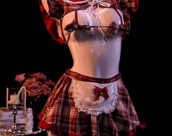 Red and White Lingerie Night Dress Set, Cosplay Maid Style Bra and Skirt Set, Adjustable Skirt with Headband, Sexy Underwear Bride Gift