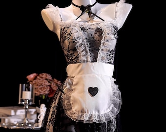 Black and White Lace Lingerie Night Dress Set, Embroidered Mesh Sheer Cosplay Maid Style Set, Adjustable Skirt, Sexy Underwear Bride Gift