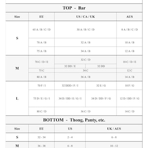 May include: A size guide chart for tops and bottoms, including bras, thongs, and panties. The chart displays sizes in EU, US/CA/UK, and AUS measurements. The top section details bra sizes, while the bottom section lists panty sizes.
