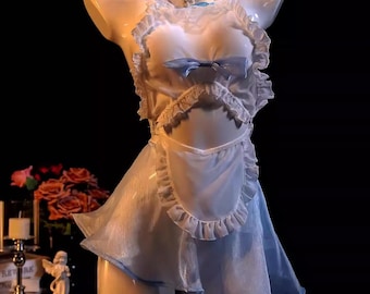 Blue and White Lingerie Night Dress Set, Cosplay Maid Style Bra and Skirt Set, Adjustable Skirt with Garter Belt, Sexy Underwear Bride Gift