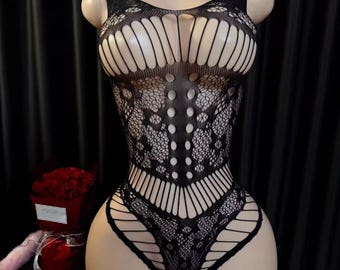 Black Flora Hollow See Through Fishnet Bodysuit, Sexy Open Crotch Mesh Stocking Sheer, Fetish Erotic Underwear, Valentine Gift for Her