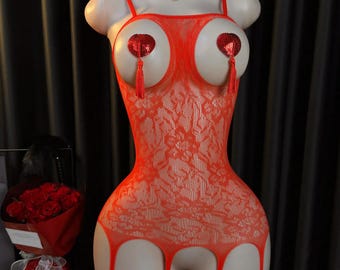 Red/ Black/ White Hollow See Through Fishnet Bodysuit, Sexy Open Crotch Mesh Stocking Sheer, Fetish Erotic Underwear, Valentine Gift for Her