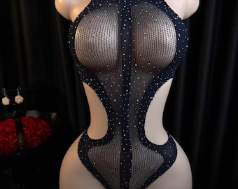 Black Shimmer Lingerie, See Through Fishnet Bodysuit, Sexy Open Crotch Mesh Stocking Sheer, Fetish Erotic Underwear, Valentine Gift for Her