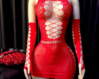 Purple/ Red/ Black/ White Hollow See Through Fishnet Bodysuit, Sexy Open Crotch Mesh Stocking Sheer, Fetish Erotic Underwear, Valentine gift