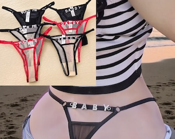 Personalized Custom Letters Thong, Custom Crystal Letter Name Sheer Mesh Lingerie, Adjustable Underwear, Sexy Panty, Valentine's Day Gifts