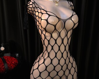 Black Lingerie Set, See Through Fishnet Bodysuit, Sexy Open Crotch Mesh Stocking Sheer, Fetish Erotic Underwear, Valentine Gift for Her