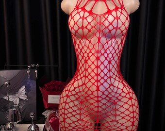 Red/ Black Hollow See Through Fishnet Bodysuit, Sexy Open Crotch Mesh Stocking Sheer, Fetish Erotic Underwear, Valentine Gift for Her