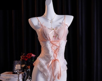 Pink Lace Lingerie One Piece Set, Silk Bow Embroidered Lace Hem Nightdress, Adjustable straps, Elegant Soft Romantic Bridal Gift for Her