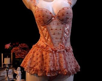 Roze kersenpatroon kanten lingerie eendelige set, nachthemd geborduurd kant, verstelbare bandjes, elegant zacht romantisch bruidscadeau voor haar