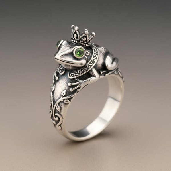 Oxidized Sterling Silver Frog Prince Ring, Green Peridot Eyes