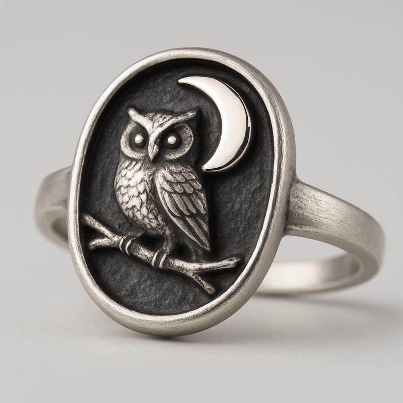 Sterling Silver Owl Moon Ring • Oxidized Night Sky Relief Ring • Cute Vintage Style Celest