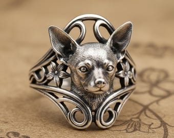 Sterling Silver Chihuahua Ring, Art Nouveau Dog Lover Jewelry