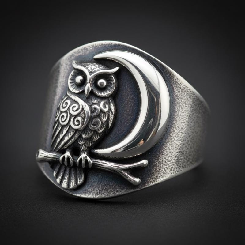 Sterling Silver Owl Moon Ring &bull; Oxidized Wide Band Statement Ring &bull; Vintage Celestial Witc