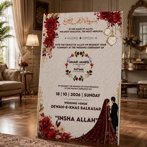 Puede incluir: Un cartel rectangular de invitación de boda con detalles florales en rojo intenso, linternas geométricas doradas y una pareja con vestimenta tradicional. El texto incluye los nombres Umair Jameel y Fatima, la fecha 18 | 10 | 2026 y el lugar Dewan-E-Khas Balkasar.