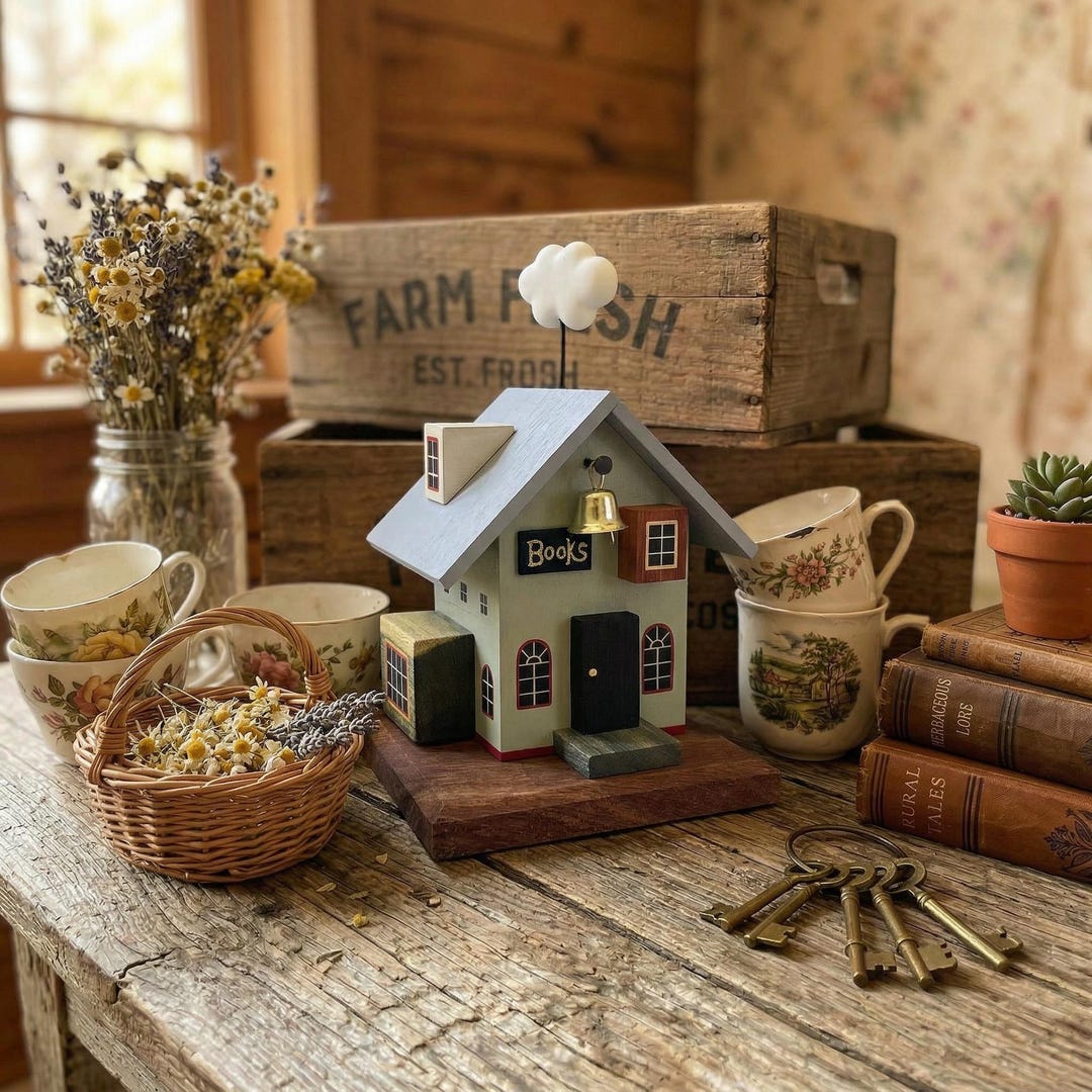 Mini Wooden Book House With Clouds, Handmade Miniature Cottage Figurine ...