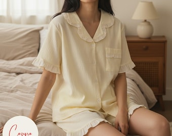 Weicher Rüschen-Pyjama-Set für Damen - Sommer-Zweiteiler-Nachtwäsche