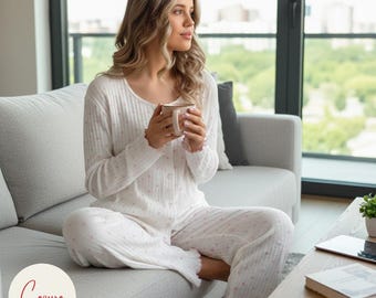 Conjunto de pijama de manga larga de algodón para mujer – Pijama suave de dos piezas