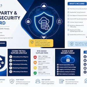 Könnte beinhalten: Blaue und weiße Grafik mit dem Text „THIRD-PARTY & CLOUD SECURITY STANDARD“. Das Bild enthält ein Schildsymbol mit einer Wolke und einem Schloss sowie ein Buch mit dem Titel „Third-Party & Cloud Security Standard“.