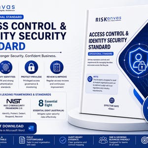 Könnte beinhalten: Ein weiß-blaues Dokument mit dem Titel "Access Control & Identity Security Standard" mit einem Schild- und Schloss-Symbol. Das Dokument ist auf führende Frameworks und Standards ausgerichtet und für kleine bis mittlere Unternehmen konzipiert.