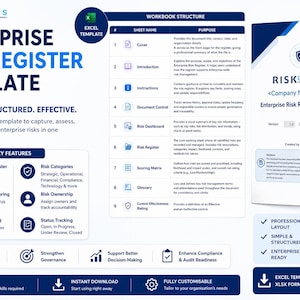 Puede incluir: Plantilla de registro de riesgos empresariales en formato Excel, en azul y blanco. Incluye funciones clave como registros de riesgos preconstruidos y paneles dinámicos. Diseñada para simplificar la gestión de riesgos.