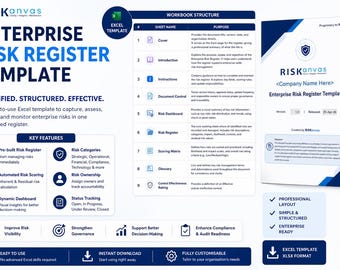 May include: An Enterprise Risk Register Template in Excel format. The blue and white document includes key features like pre-built risk registers, automated risk scoring, and dynamic dashboards. The template is designed to simplify risk management.