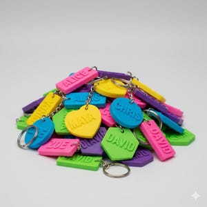 Può includere: Un mucchio di portachiavi colorati di varie forme, tra cui rettangoli, cuori e cerchi. Ogni portachiavi è di un colore brillante diverso e presenta un nome in rilievo. I portachiavi sono attaccati ad anelli portachiavi argentati.