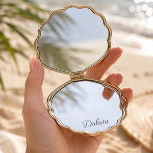 Personalized Engraved Shell Compact Mirror, Coastal Seashell Makeup Mirror