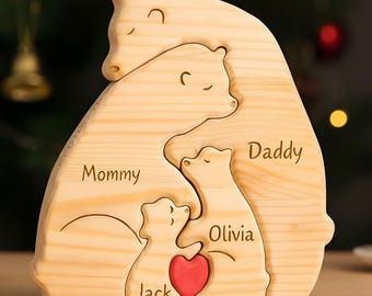 Gepersonaliseerde puzzel berenfamilie / Houten aangepaste naamset / Familiecadeau / Jubileumcadeau / Rustiek huisdecor / Moeder vader kindercadeau