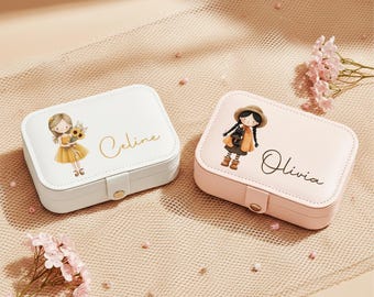 Compact Leather Jewelry Organizer for Kids - Custom Printed Travel Jewellery Case, Personalized Character Design, Bridesmaid Proposal Gift