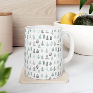 Scandinavian Mini Pine Tree Pattern, Ceramic Mug, Minimalist Evergreen Design