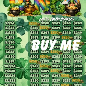 Könnte beinhalten: Ein festliches Bingo-Board-Design zum St. Patrick's Day. Das Wort "BINGO" wird mit Kleeblatt- und Regenbogenakzenten angezeigt. Das Bild enthält einen "BUY ME"-Aufruf und Bingo-Board-Preise.