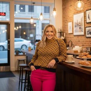 Peut inclure: Une femme dans un café porte un pull moutarde à motifs géométriques noirs et un pantalon rose vif. Le café a un mur de briques, des lampes suspendues et des pâtisseries sur une assiette.