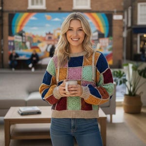 Peut inclure: Un pull patchwork multicolore à capuche, avec des carrés bleus, verts, rouges et jaunes. Le pull est porté avec un jean bleu. La personne tient une tasse blanche. Un arc-en-ciel est visible en arrière-plan.
